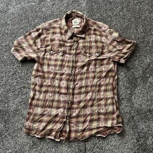Flint And Tinder Shirt Mens M Brown Plaid Crosshatch Grid Snap Button Up Western